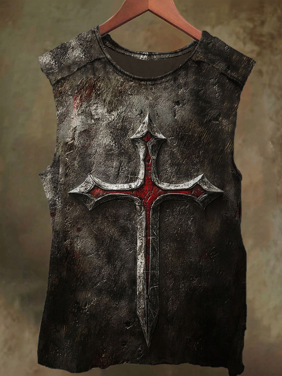 Unisex Leather-Textured Cross Print Casual Cotton Tank Top