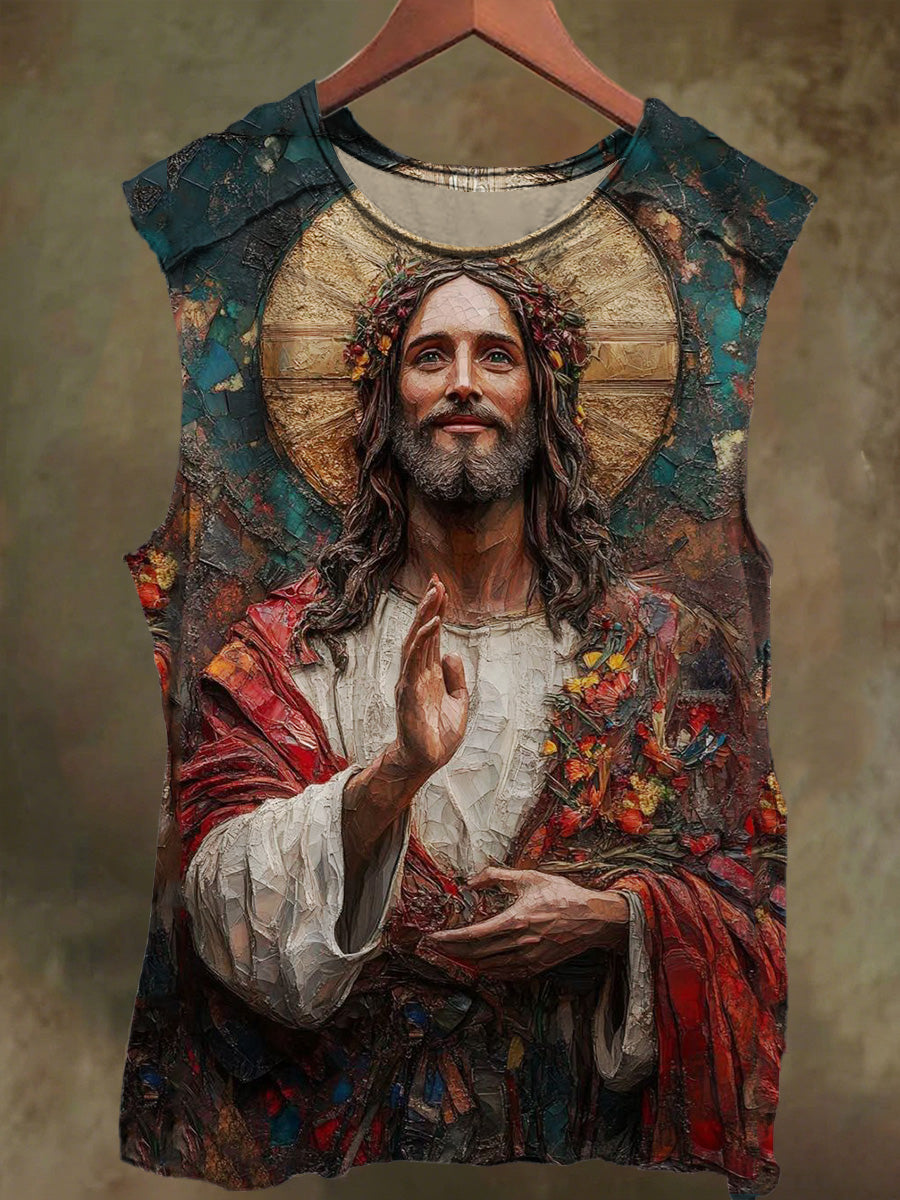 Unisex Oil Painting Jesus Print Casual Cotton Tank Top