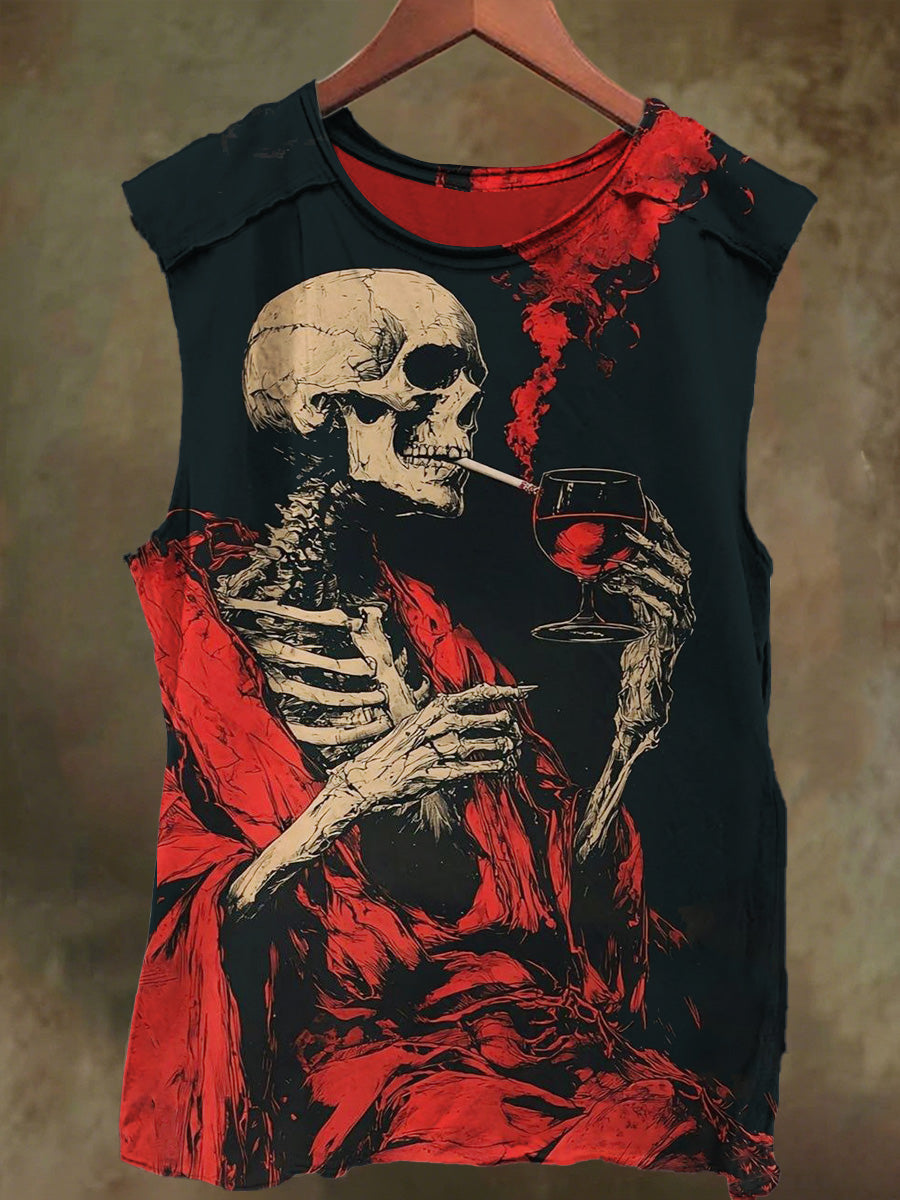 Unisex Skeleton Wine Print Casual Cotton Tank Top