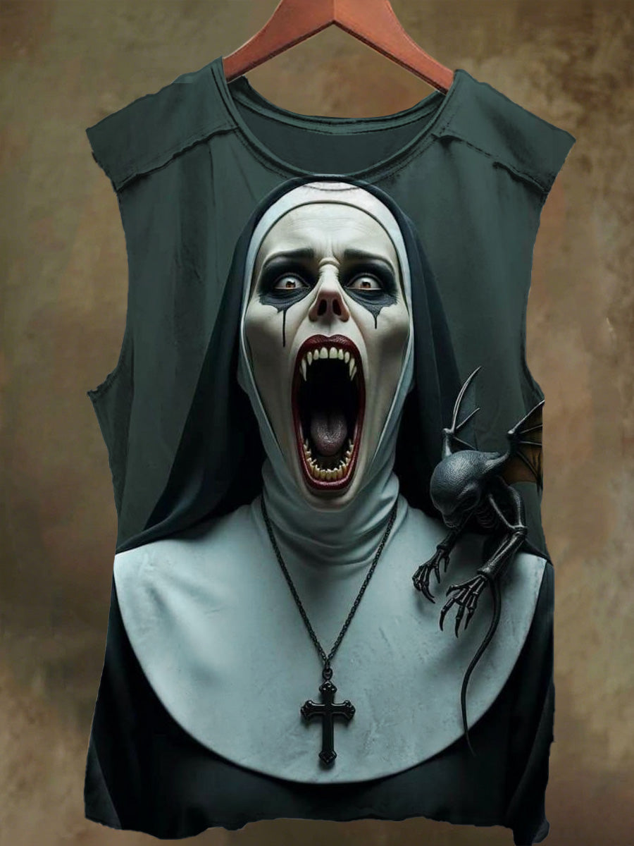 Unisex Horror Nun and Bat Print Casual Cotton Tank Top