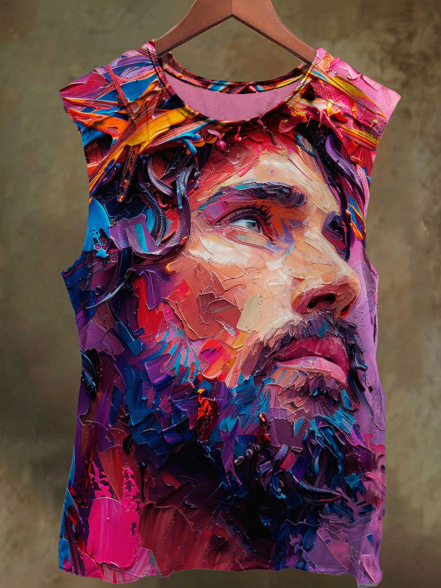 Unisex Jesus-Patterned Graffiti Print Casual Cotton Tank Top