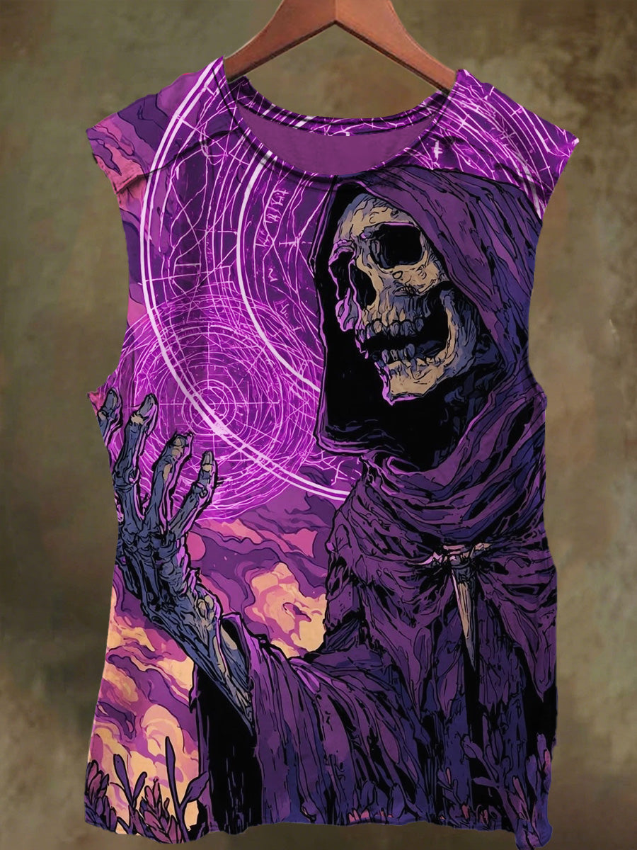 Unisex Skeleton Wizard Print Casual Cotton Tank Top