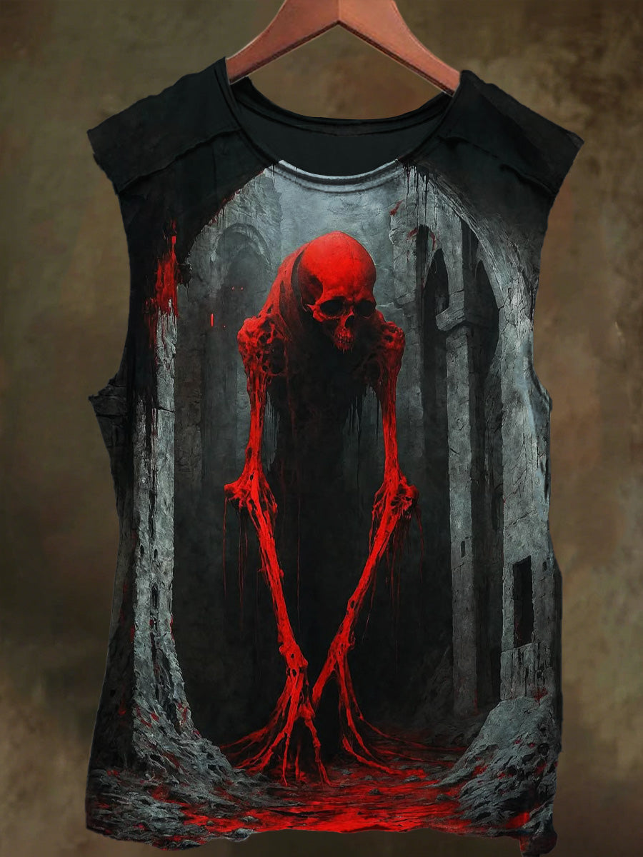 Unisex Dark Blood-Red Skull Print Casual Cotton Tank Top