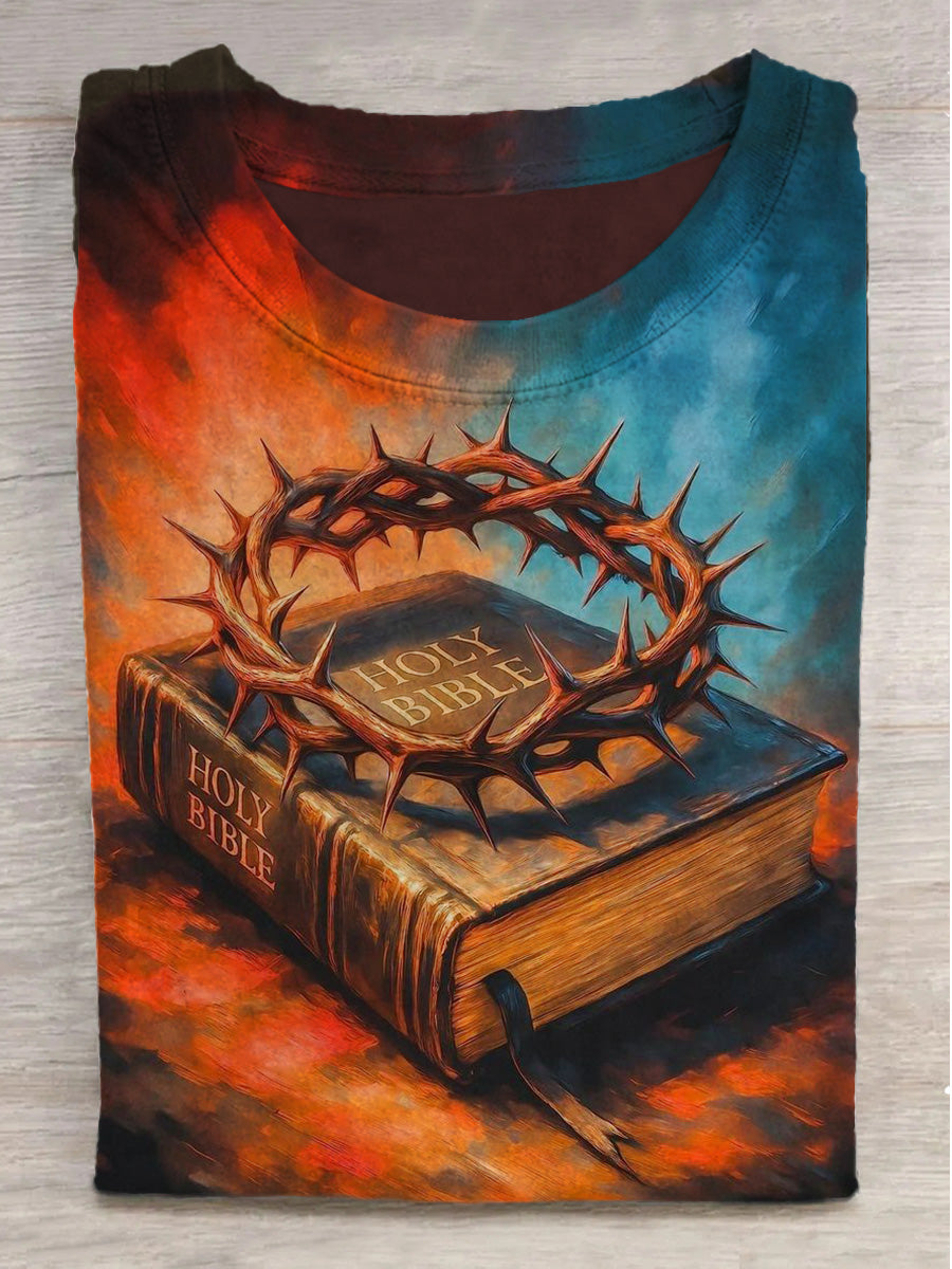 Thorns and Bible Print Crew Neck Short Sleeve T-Shirt