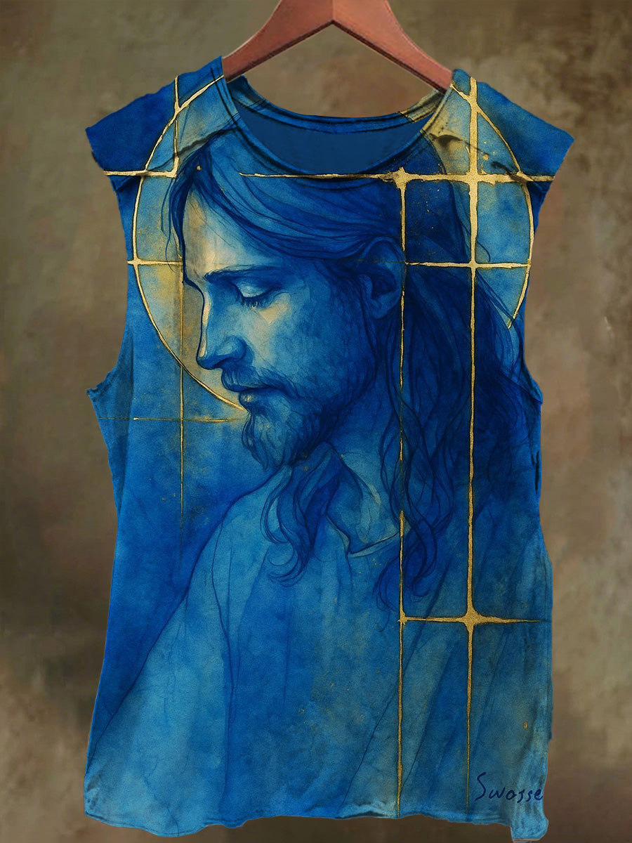 Unisex Gold-Edged Jesus Print Casual Cotton Tank Top
