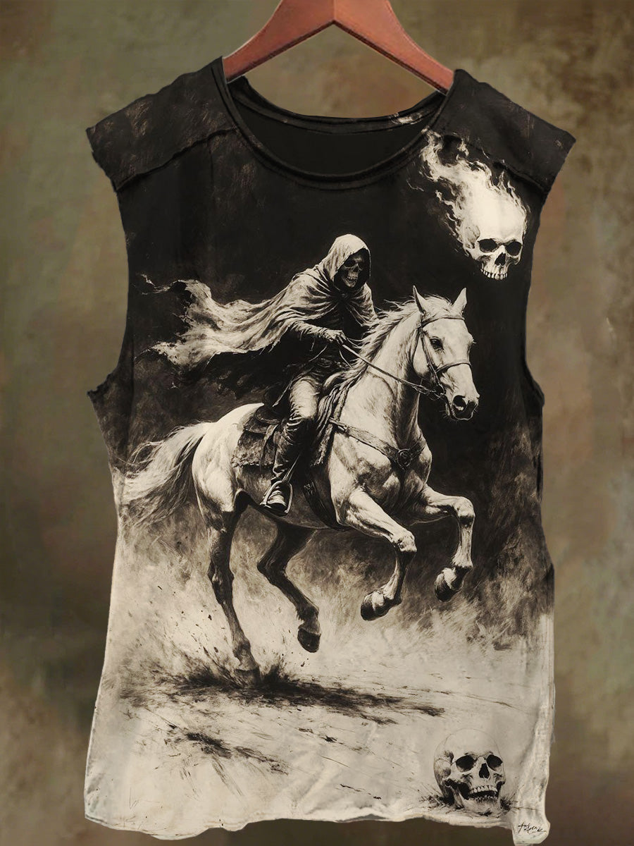 Unisex Ghost Fire Skull Horse Print Casual Cotton Tank Top