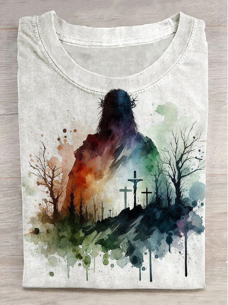 Watercolor Cross Jesus Print Crew Neck Short Sleeve T-Shirt