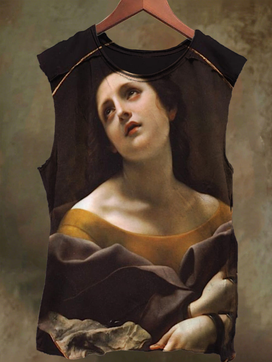 Unisex Oil Painting Girl Print Casual Cotton Tank Top