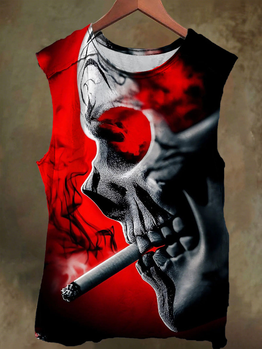 Unisex Smoking Skull Print Casual Cotton Tank Top