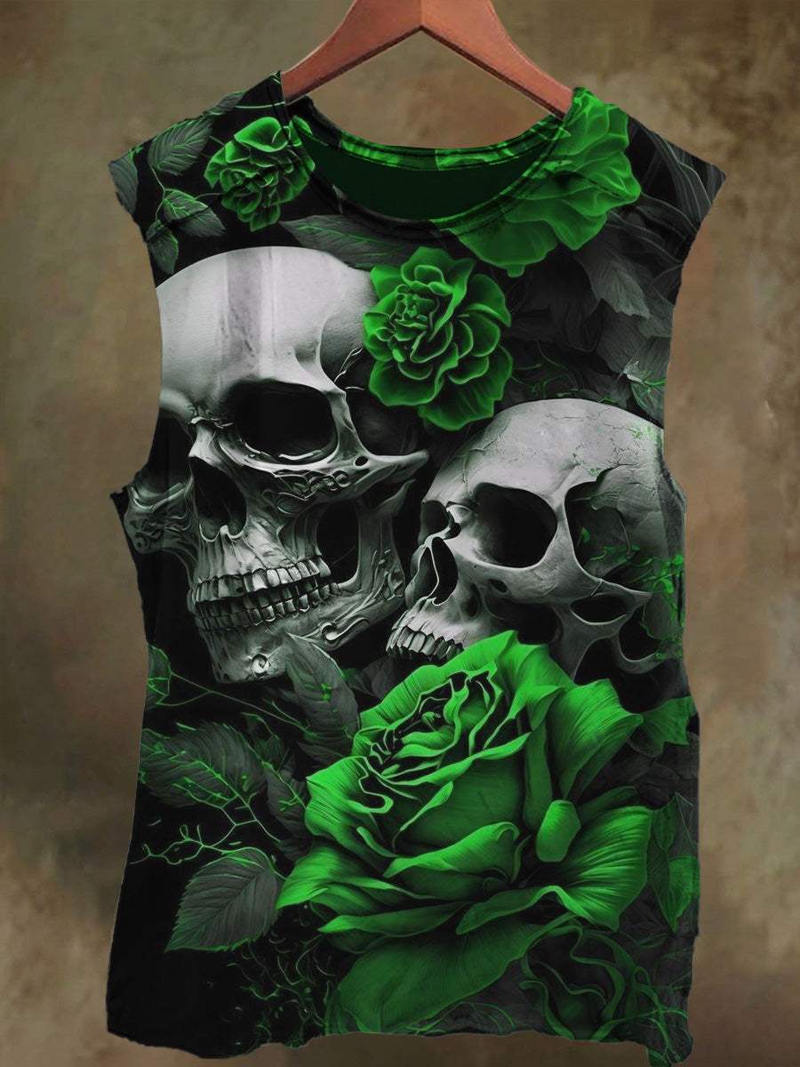 Unisex Ghost Fire Rose Skull Print Casual Cotton Tank Top