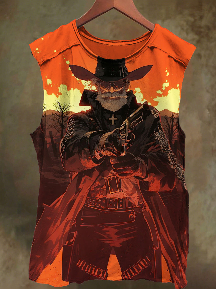 Unisex Denim Cross-Printed Elderly Man Casual Cotton Vest