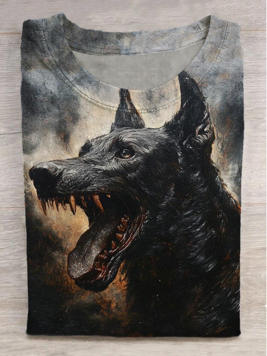 Wild Dog Print Crew Neck Short Sleeve T-Shirt