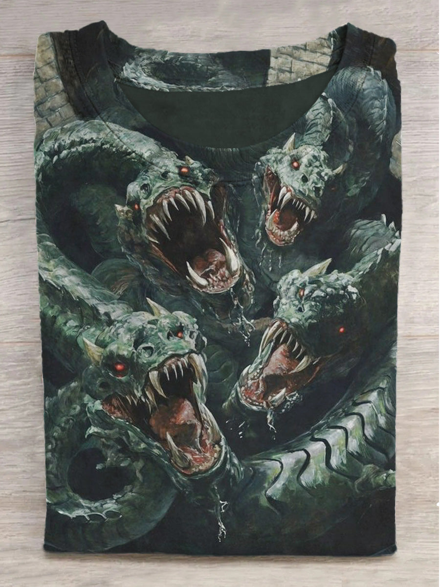 Dark Four-Headed Serpent Print Crew Neck Short Sleeve T-Shirt