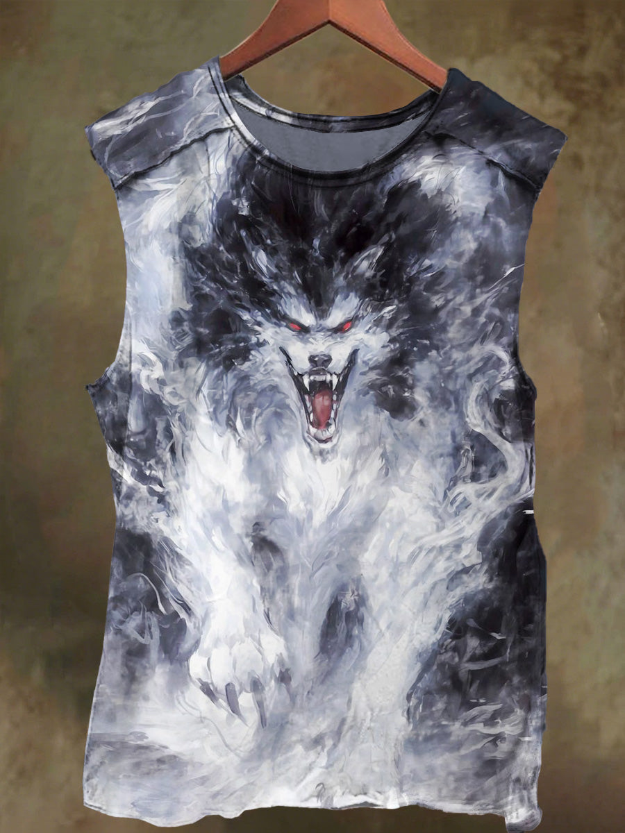 Unisex White Wolf Print Casual Cotton Tank Top
