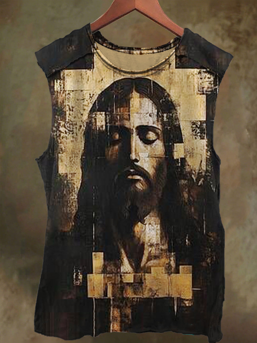 Unisex Square-Cut Jesus Print Casual Cotton Tank Top