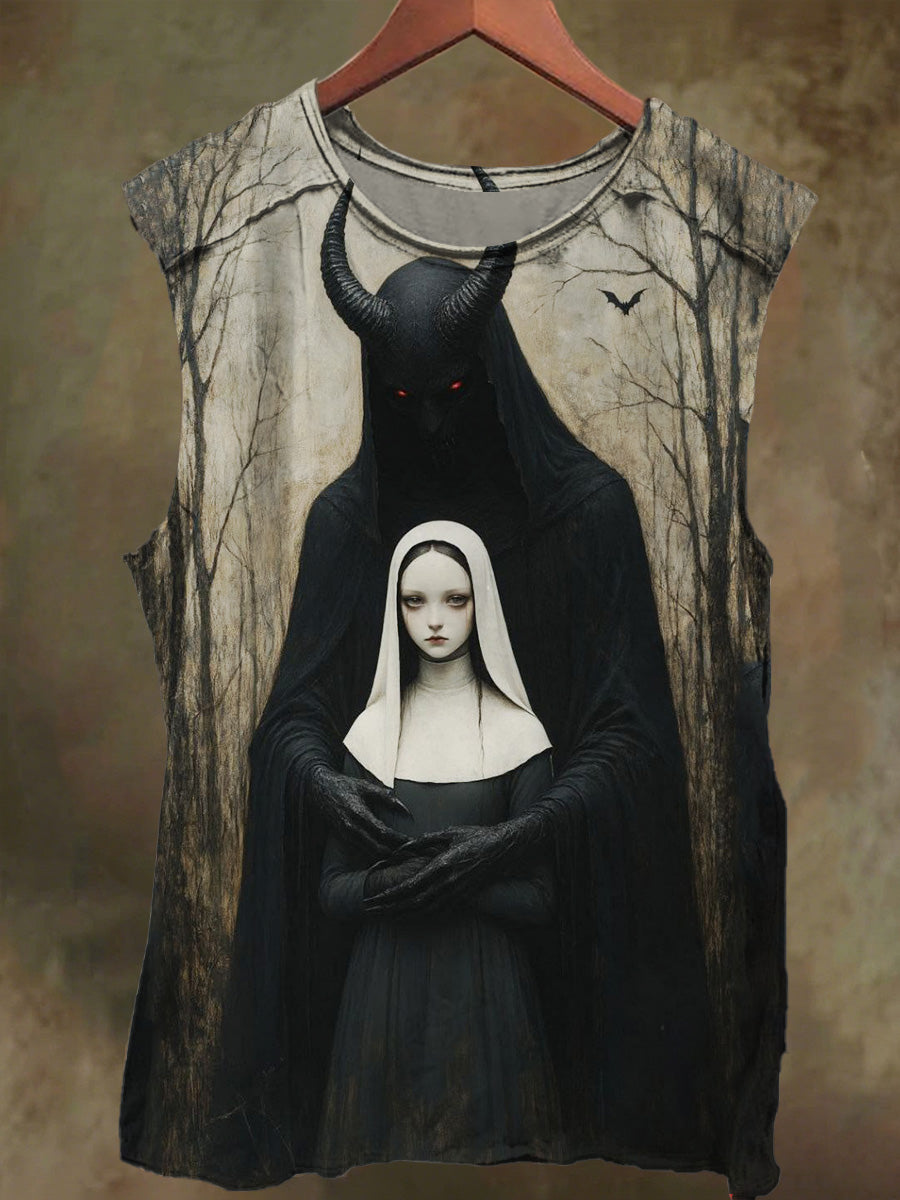 Unisex Devil and Nun Print Casual Cotton Tank Top