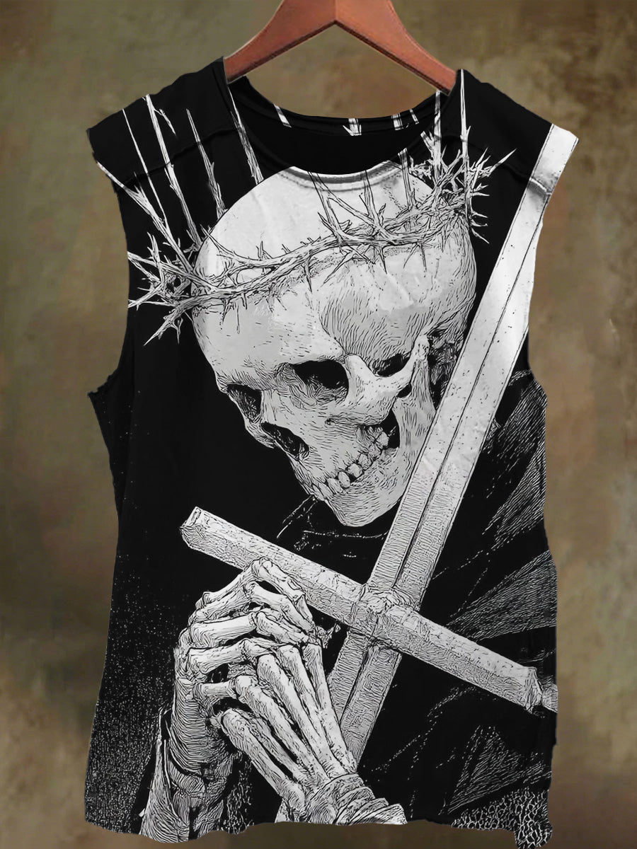 Unisex Cross Skull Blade Print Casual Cotton Tank Top