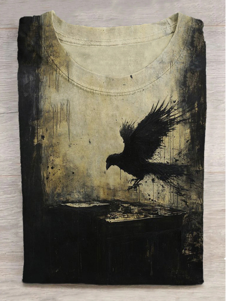 Dark Night Raven Print Crew Neck Short Sleeve T-Shirt
