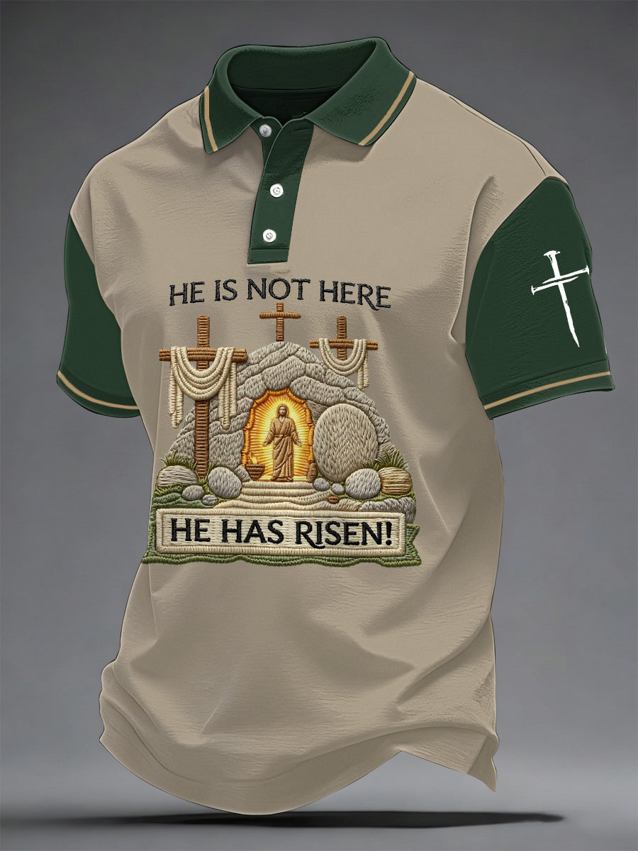 Men's He Is Not Here He Has Risen! Jesus Christian Cross Print Casual Polo
