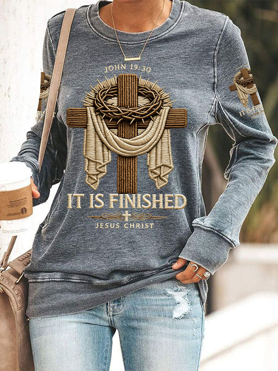 Women's He Is Risen It’s Finished Jesus Christian Cross Print Casual Sweatshirt