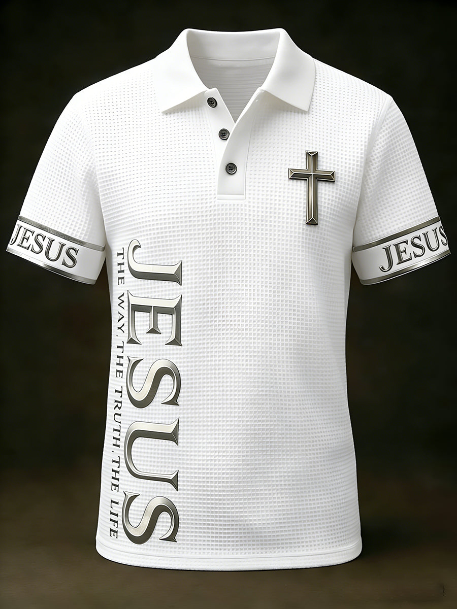 Men's Christian Jesus The Way The Truth The Life Cross Print Casual waffle Short Sleeve Top