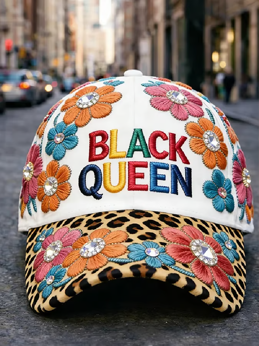 Unisex Retro floral leopard print black queen art print Hat