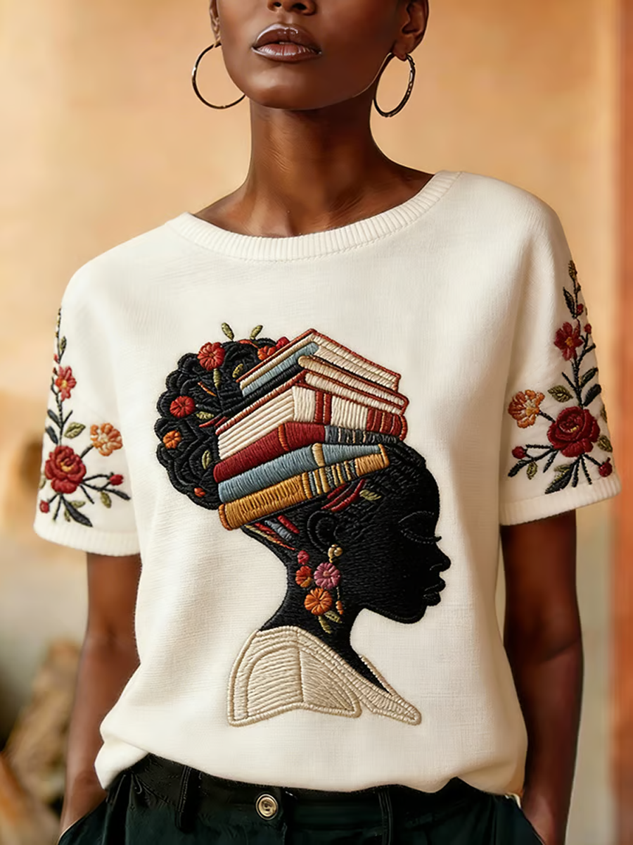 Women's Retro African Reading Texture Print short-sleeved imitation sweater
