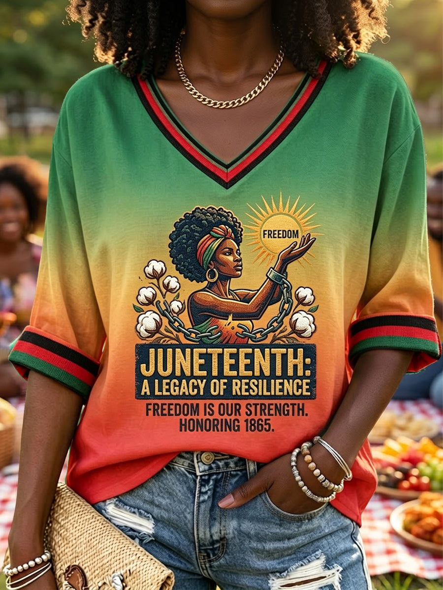 Women's Black Juneteenth Gradient Patchwork Casual V-Neck T-Shirt