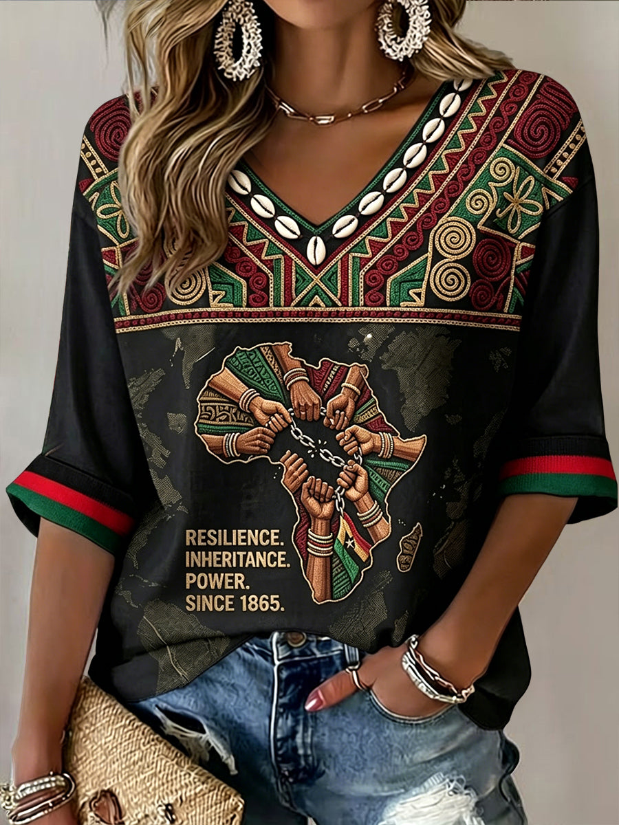 Women's Vintage Juneteenth 1865 Map Casual V-Neck T-Shirt