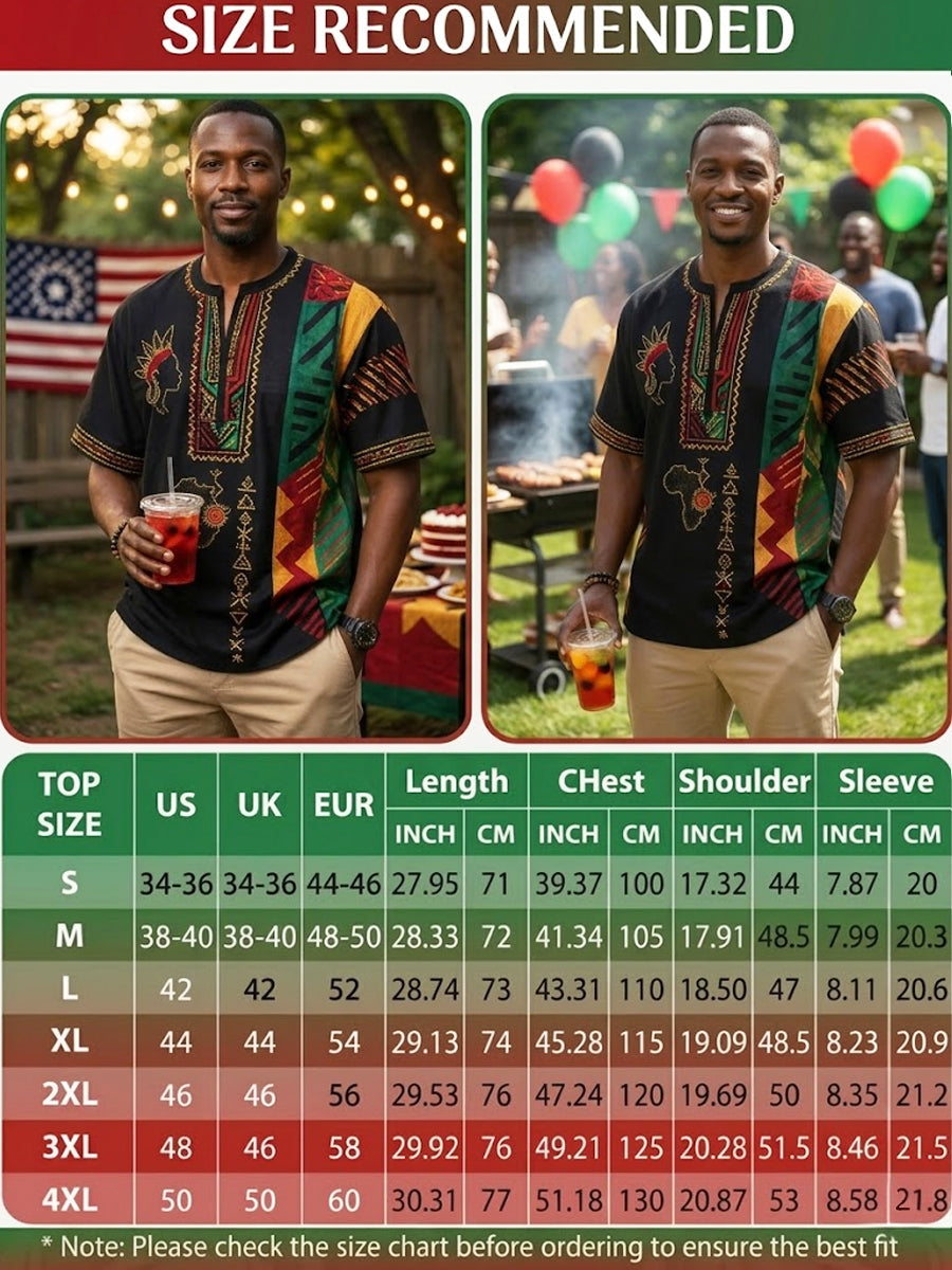 Men's Retro Juneteenth Geometric Patchwork Casual V-Neck T-Shirt