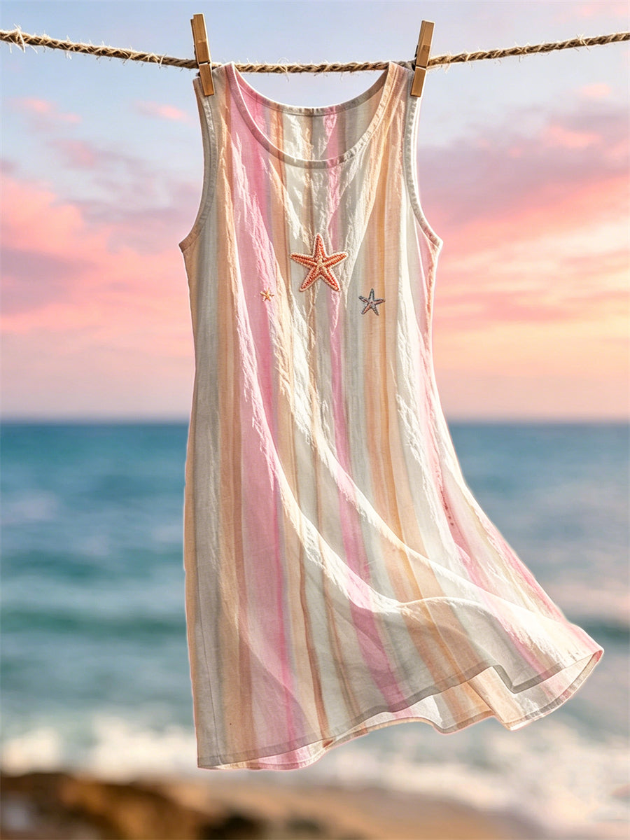 Women's Starfish Beach Sunset Gradient Striped Print Tank dress