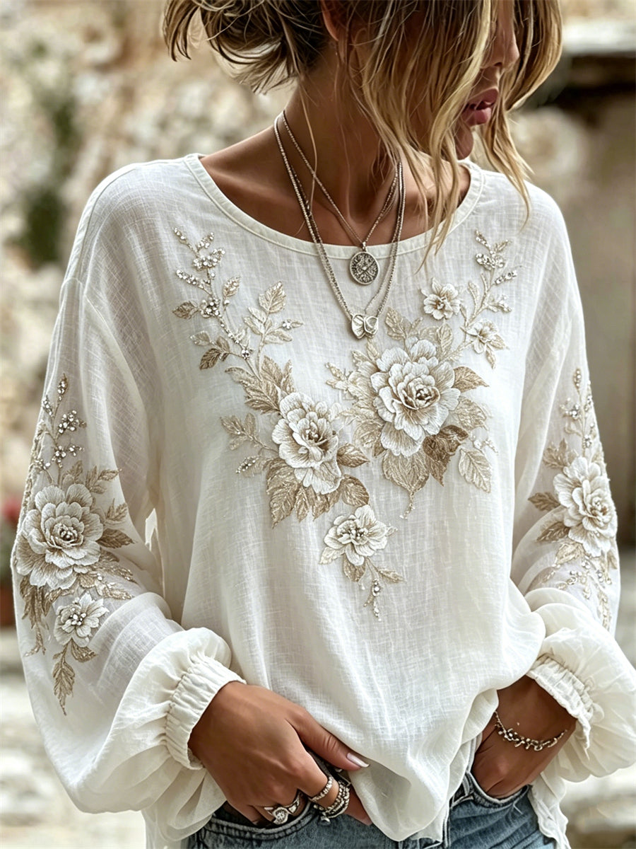 Women's Classy White Roses Glitter Art Print Cotton-Linen Shirt