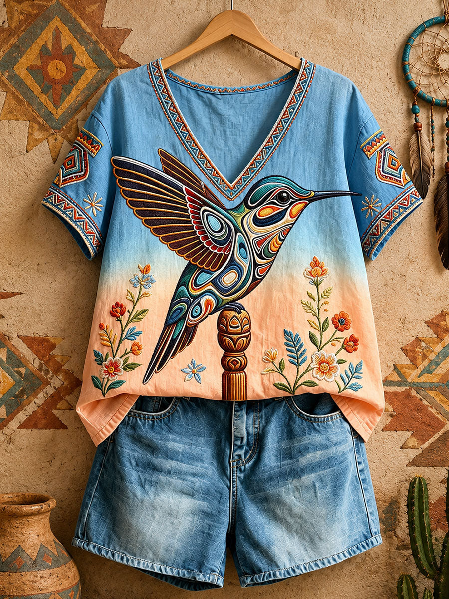 Women's Native Hummingbird Art V-Neck Tops