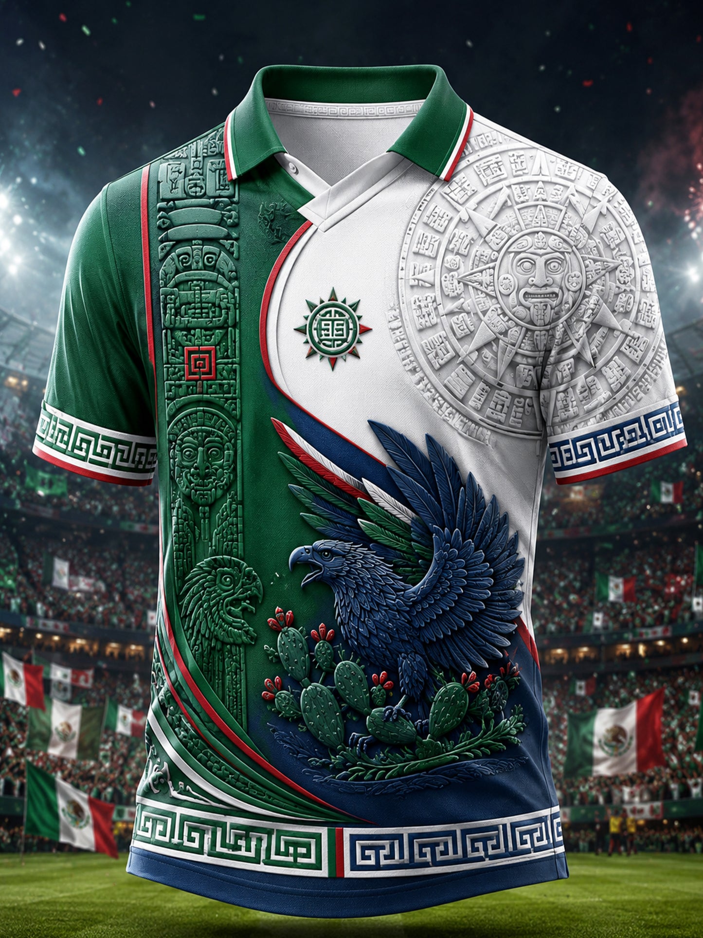 Men's V-Neck Top With Embossed-Texture Mexico Soccer Fan Art Print