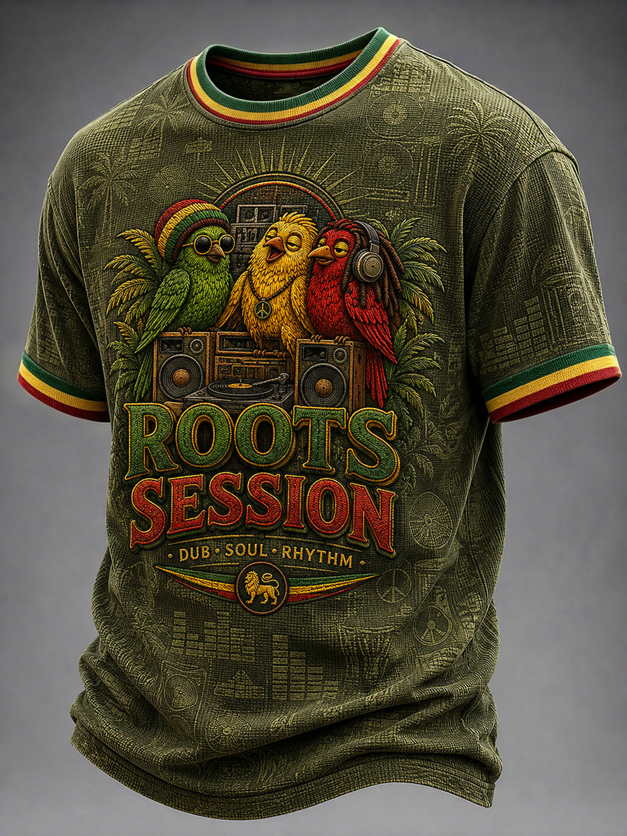 Fun Reggae-Themed Artistic Casual Waffle-Weave T-Shirt