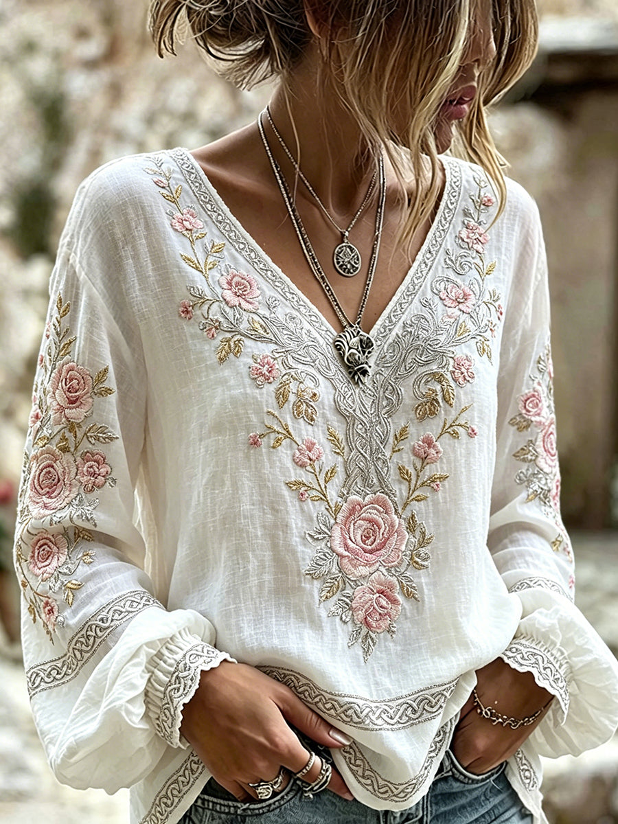 Women's Vintage Viking Celtic Tree Of Life FLoral Print Cotton-Linen Shirt