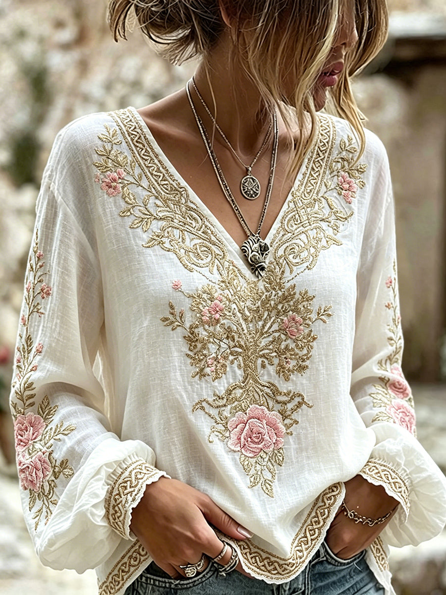 Women's Vintage Viking Celtic Tree Of Life FLoral Print Cotton-Linen Shirt