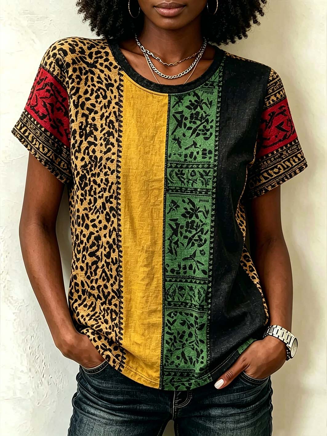 Women's retro ethnic elements and leopard print patchwork design linen short-sleeved T-shirt