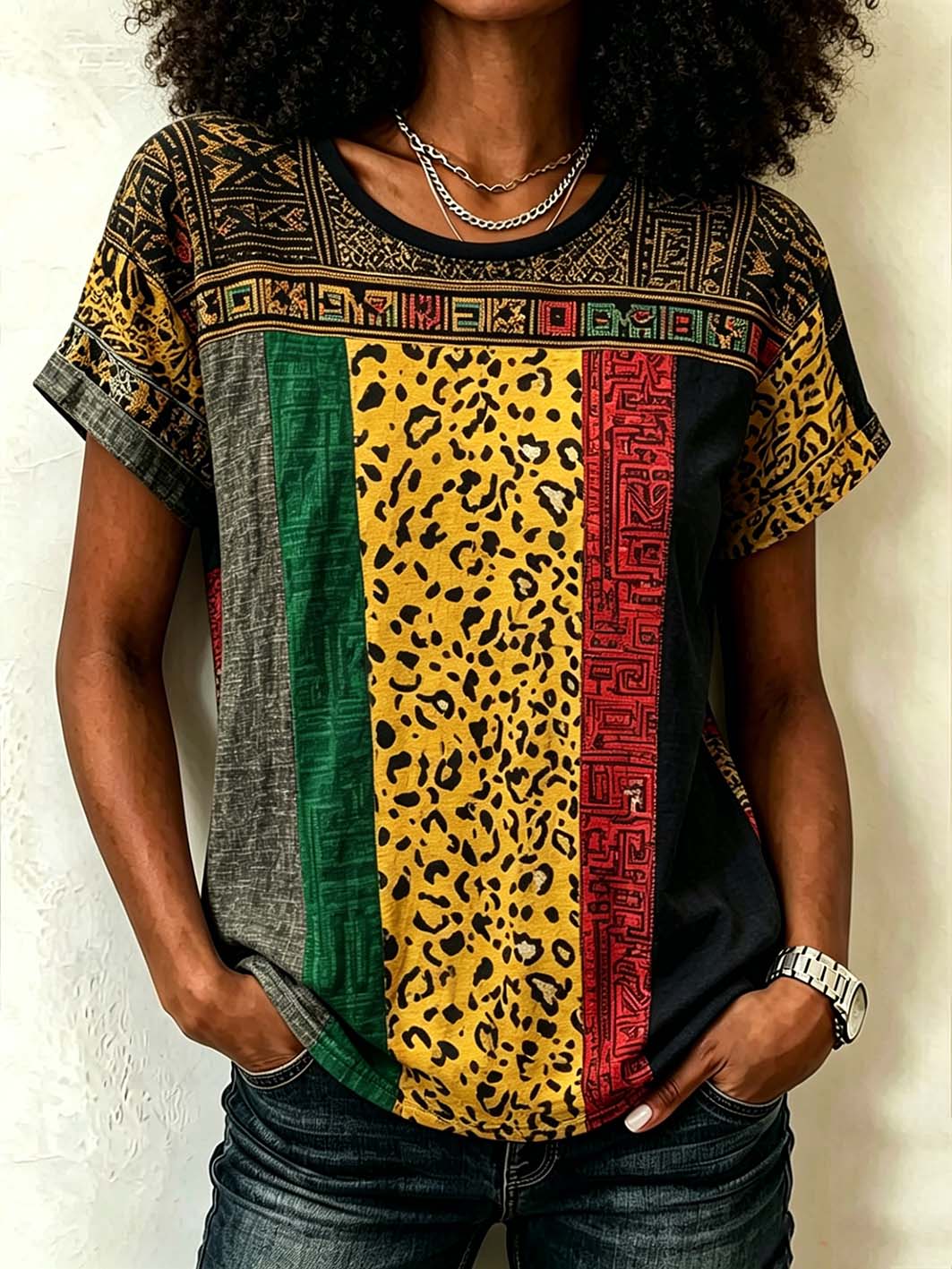 Women's retro ethnic elements and leopard print patchwork design linen short-sleeved T-shirt