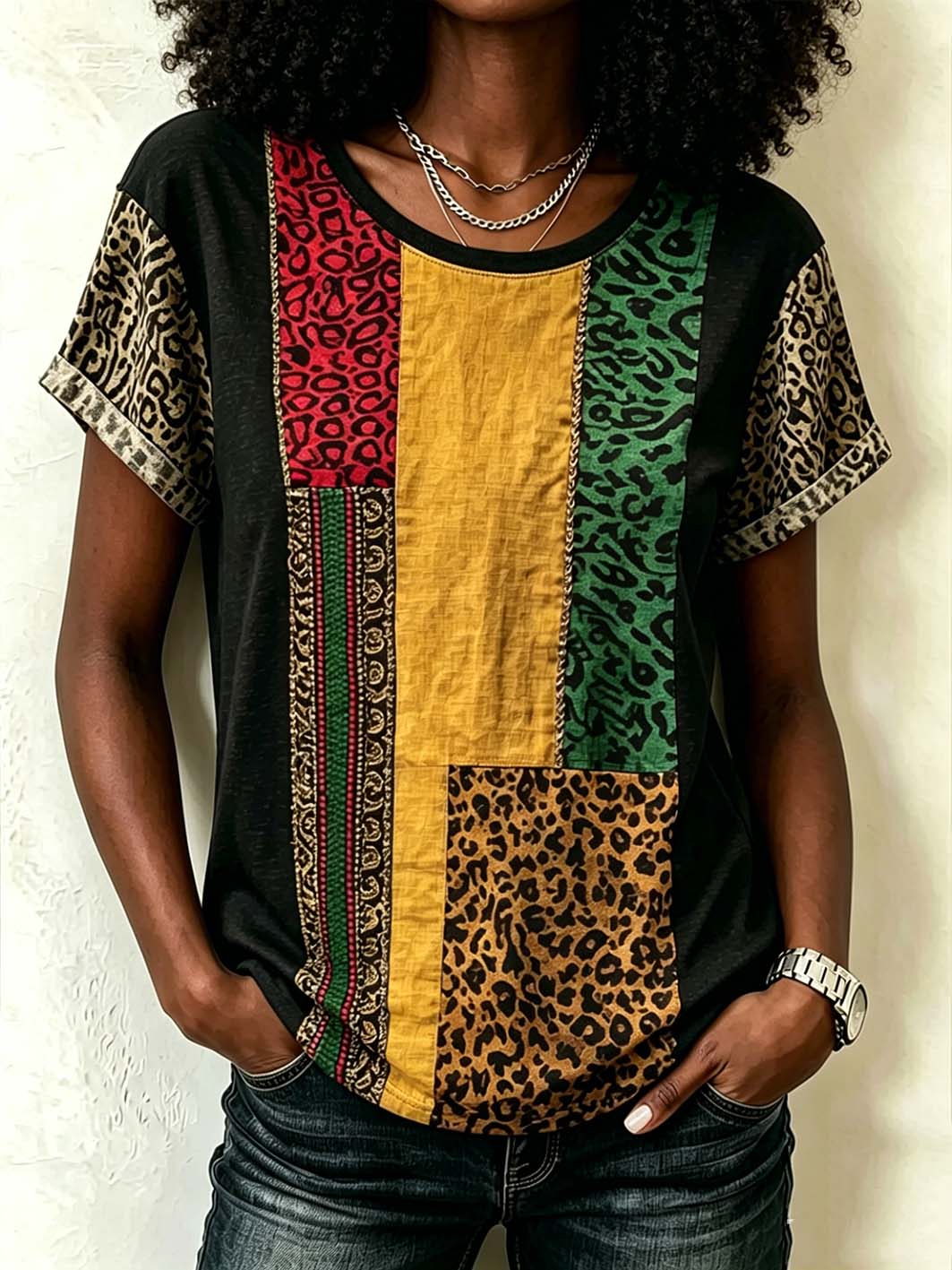 Women's retro ethnic elements and leopard print patchwork design linen short-sleeved T-shirt