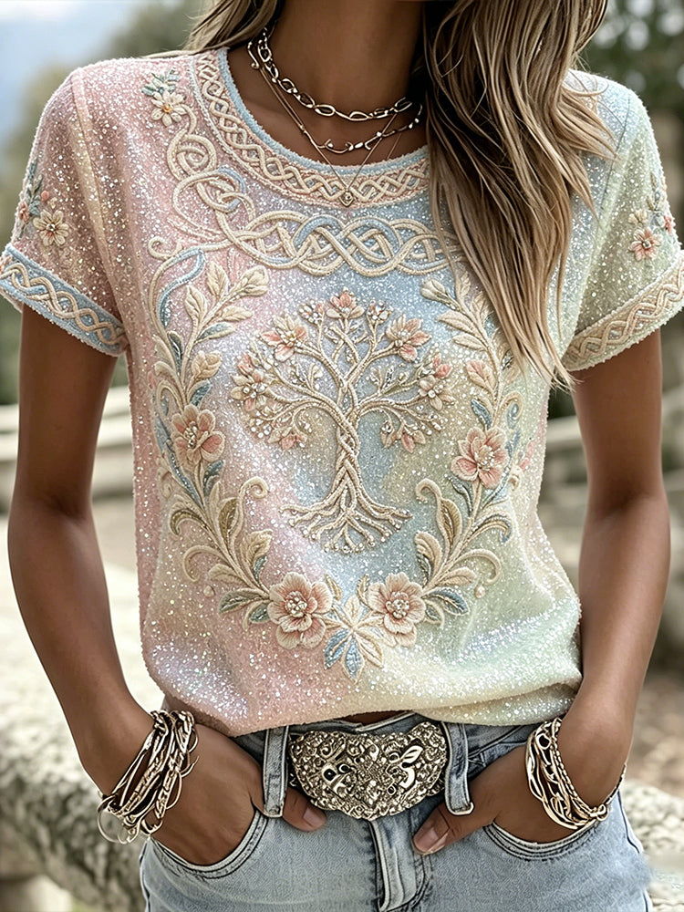 Women's Classy Floral Celtic Tree of Life Glitter Print Gradient short-sleeved T-shirt