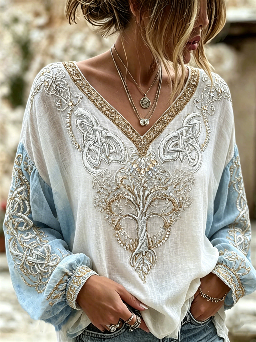 Women's Vintage Celtic Tree of Life Glitter Print Contrast Cotton-Linen Shirt