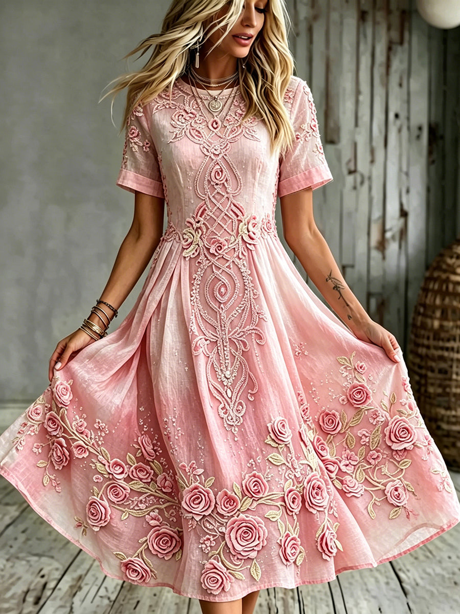 Women's Viking Celtic Knot With Rose Art Print Short Sleeve Linen Dress