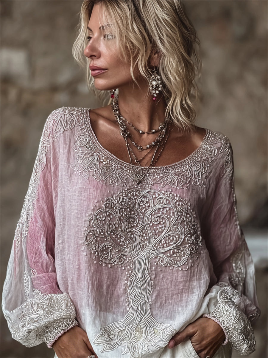 Women's Classy Tree of Life Vintage Gradient Print Cotton-Linen Shirt