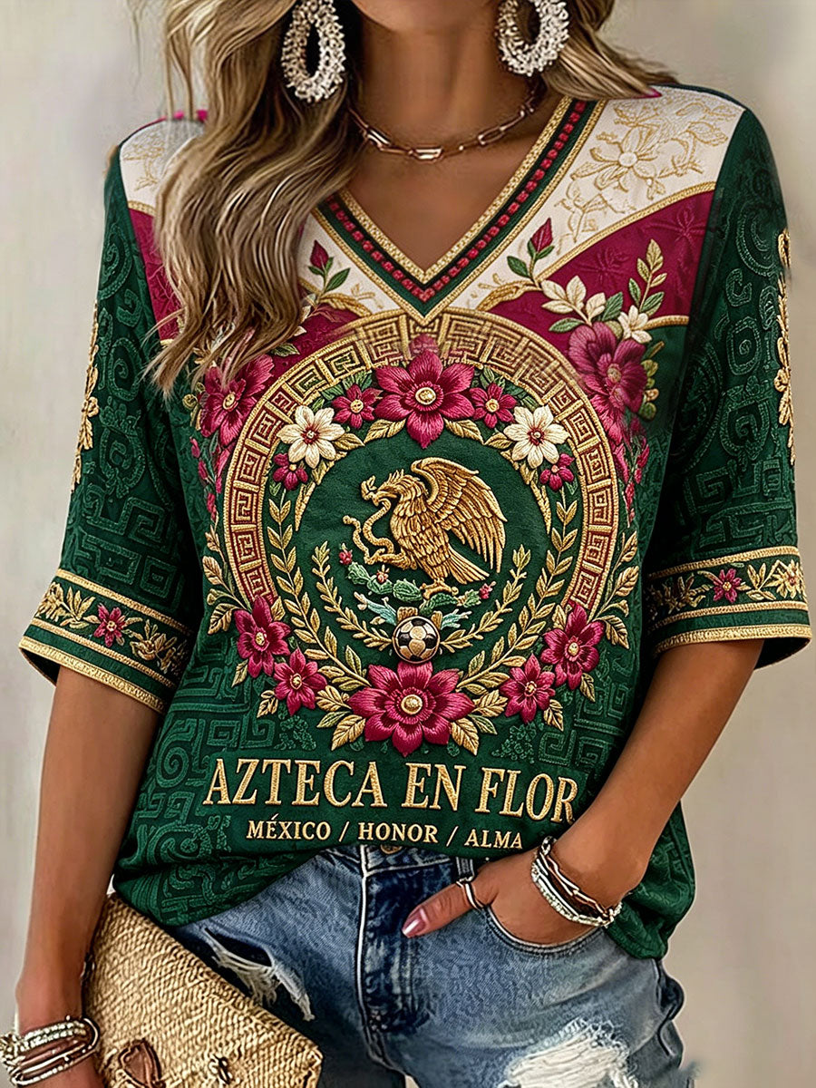Women's Mexico Football Lover Art Printed Linen T-shirt