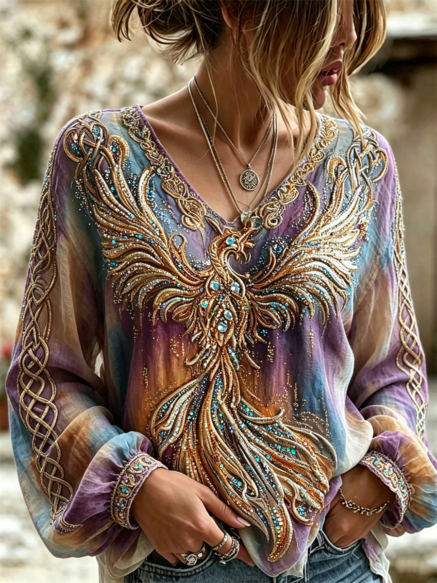 Women's Classy Phoenix Celtic Print Gradient Dyed Cotton-Linen Shirt