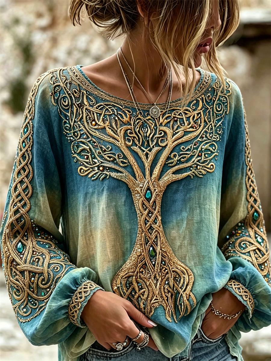 Women's Viking Tree Of Life Classy Celtic Knot Print Gradient Cotton-Linen Shirt