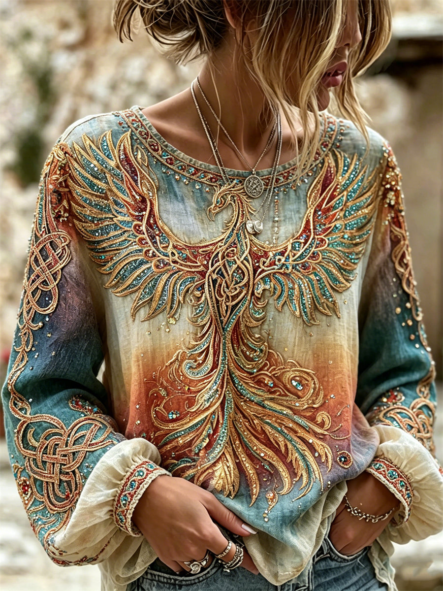 Women's Classy Vintage Phoenix Art Celtic Print Gradient Cotton-Linen Shirt