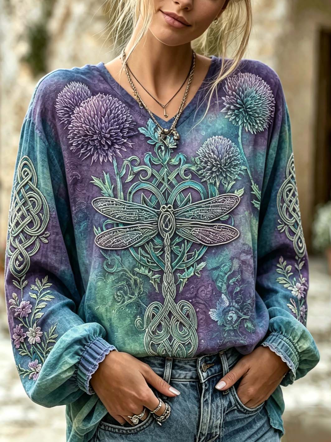 Women's retro Scottish Thistle flower and dragonfly pattern printed cotton and linen shirt