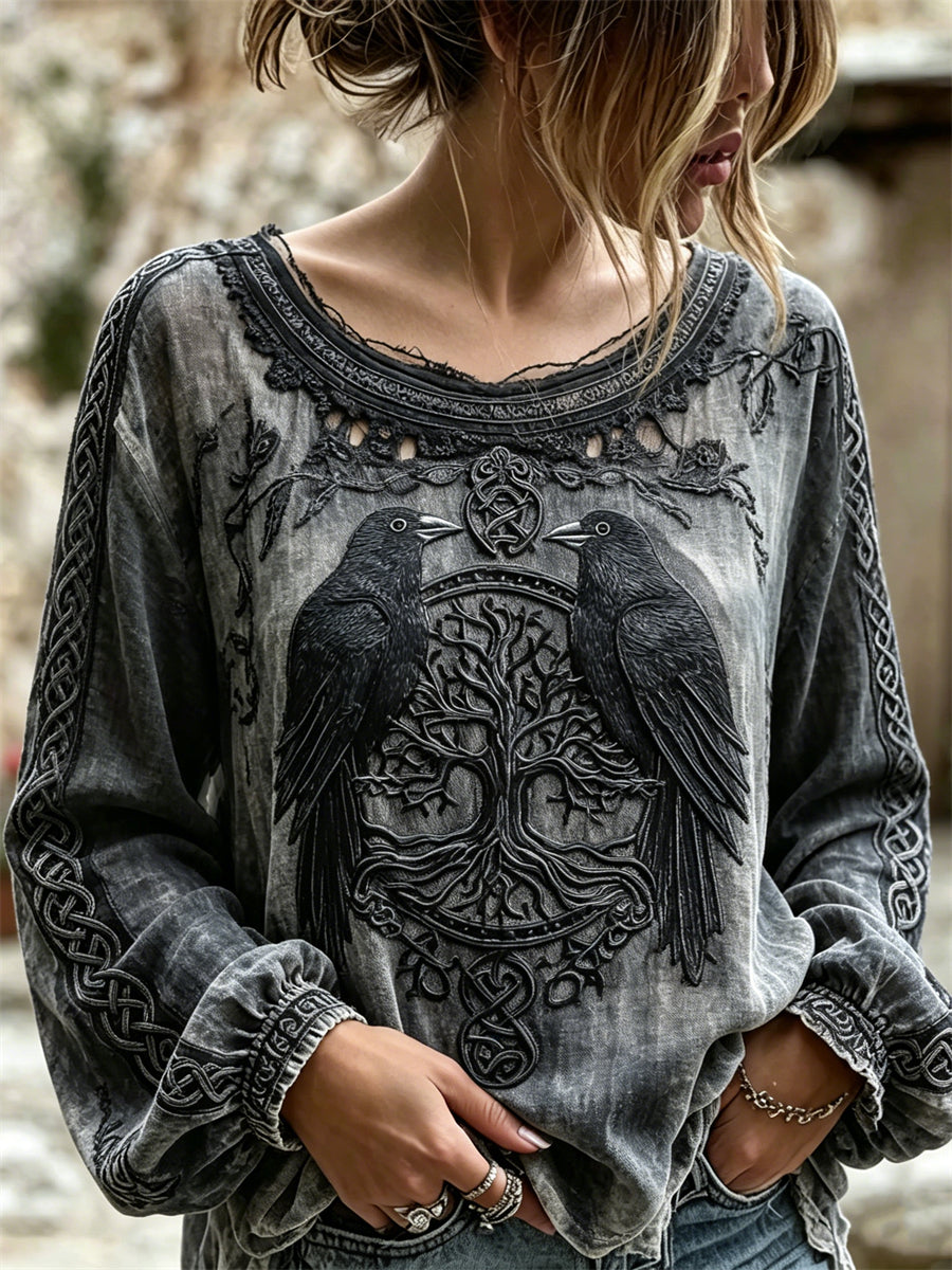 Women's Vintage Ravens Viking Tree of Life Celtic Print Cotton-Linen Shirt